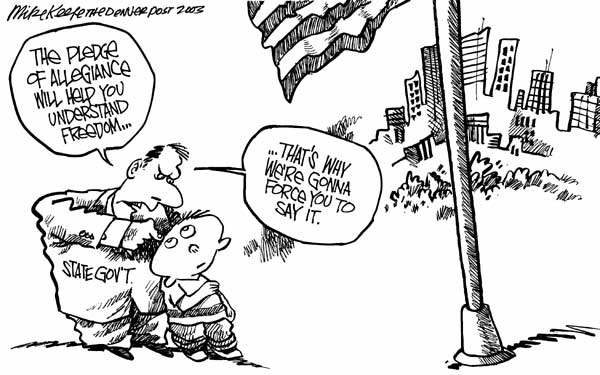 Forced Pledge - Mike Keefe Political Cartoon, 05/03/2003
